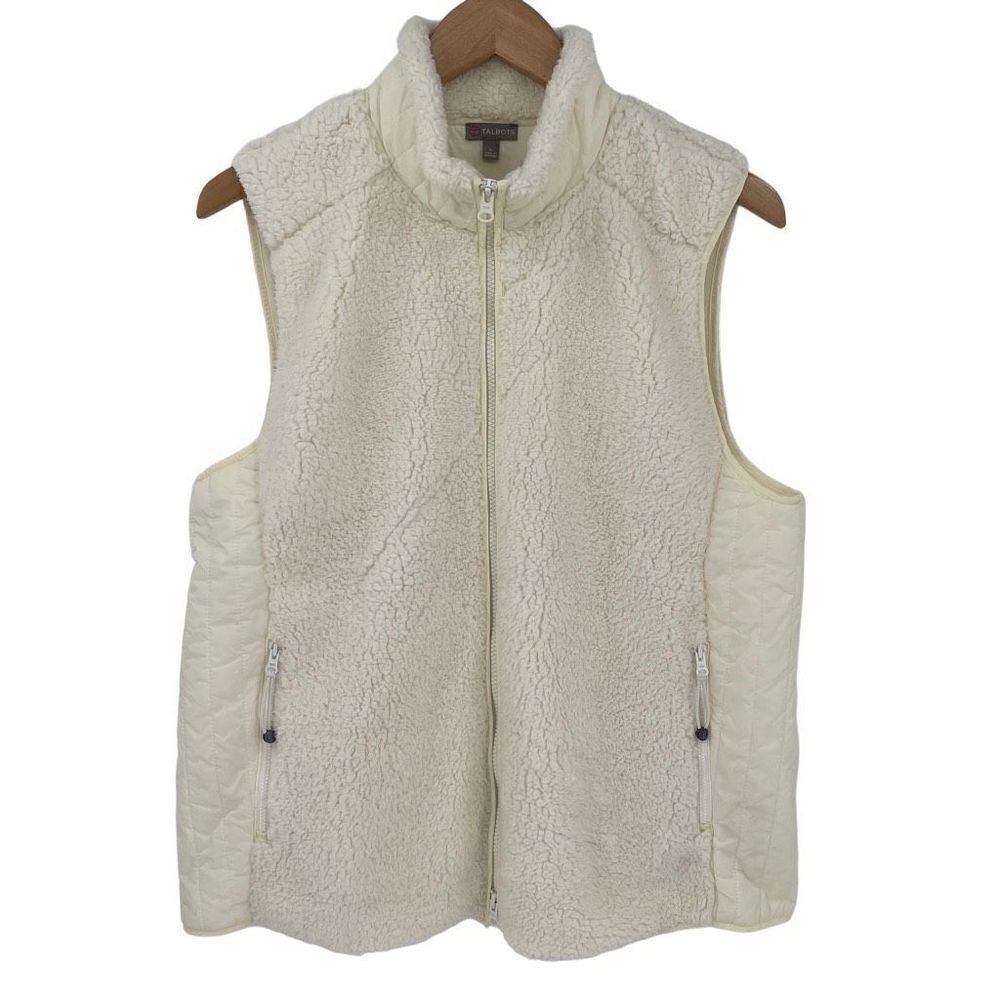 T By Talbots Faux Fur Zip Up Vest Jacket‎ Mock Neck Cream Women Large